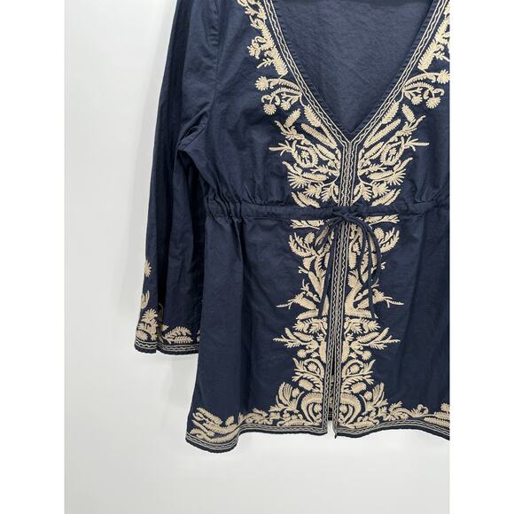 Michael Michael Kors Womens Boho Top Size L Navy Blue Resort Lightweight - Picture 2 of 7